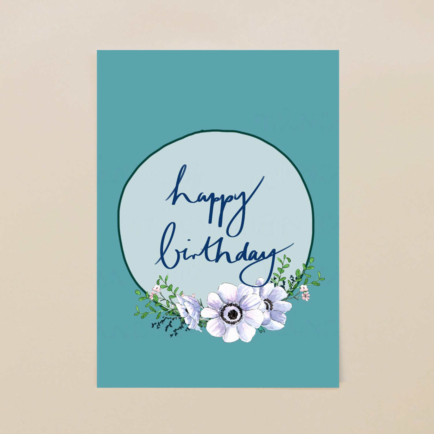 Geburtstagskarte mit "happy birthday" in blauer Schrift und einer Blumendekoration auf einem türkisfarbenen Hintergrund.