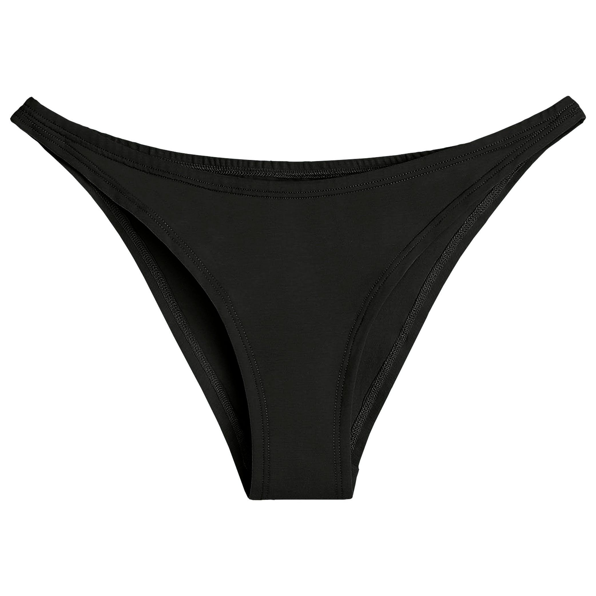 Schwarze Bikinihose aus glattem Stoff mit einfachem Design, vor weißem Hintergrund präsentiert.