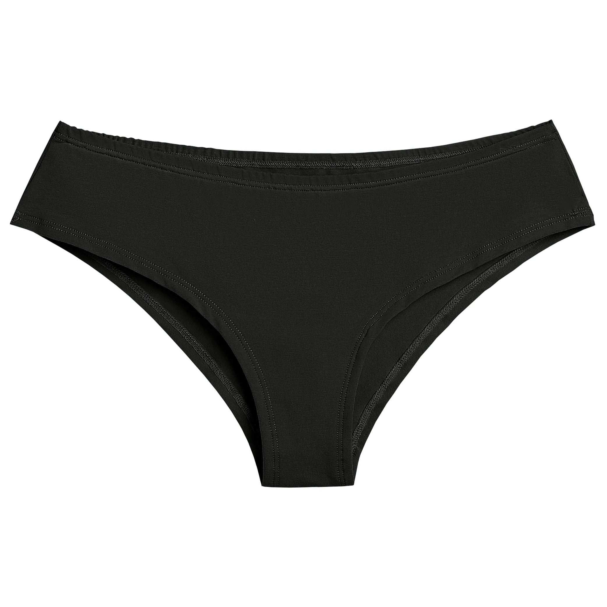 Schwarzer Damen-Slip in schlichter Ausführung auf weißem Hintergrund.