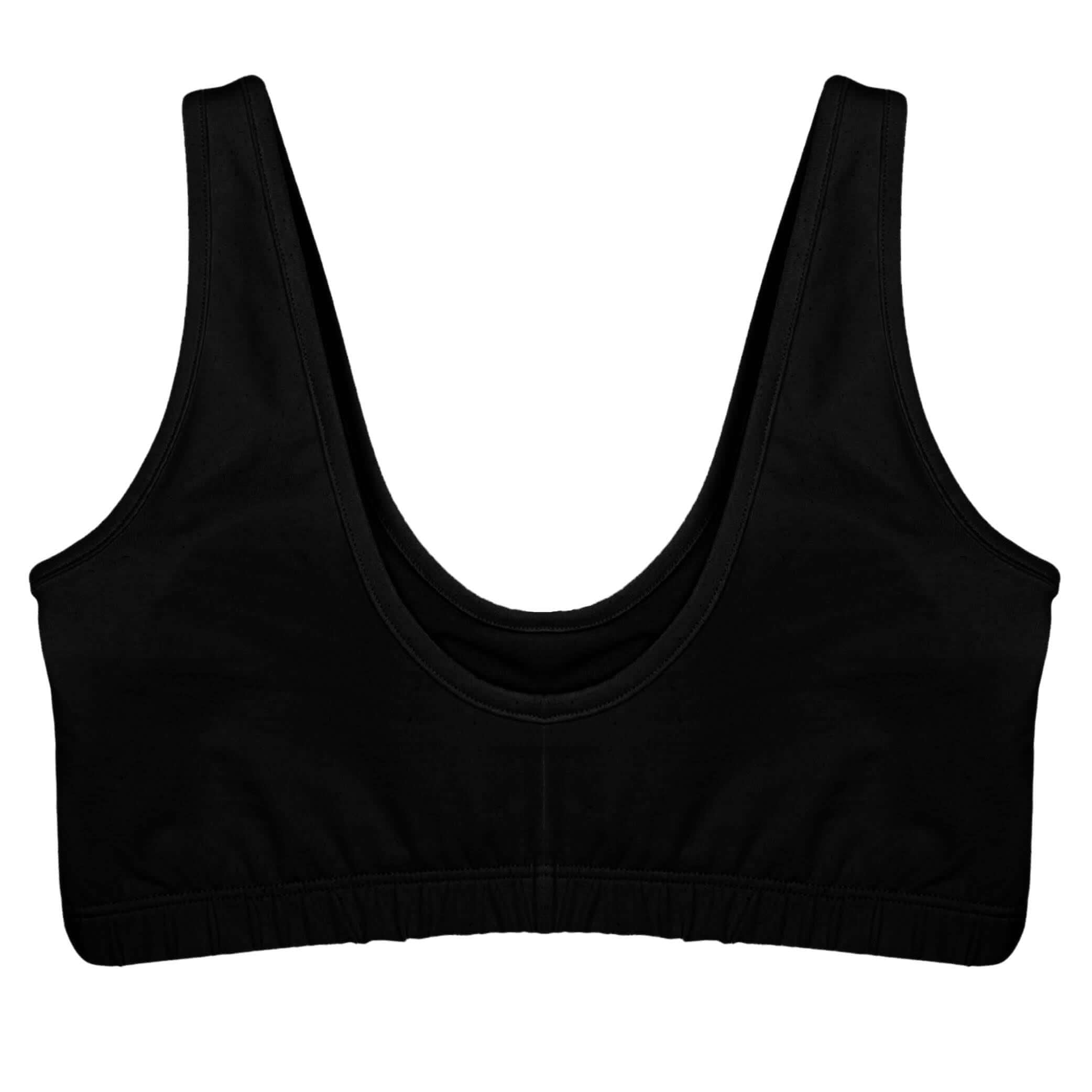Schwarzes Sport-Bralette mit breiten Trägern und elastischem Unterbrustband vor weißem Hintergrund.