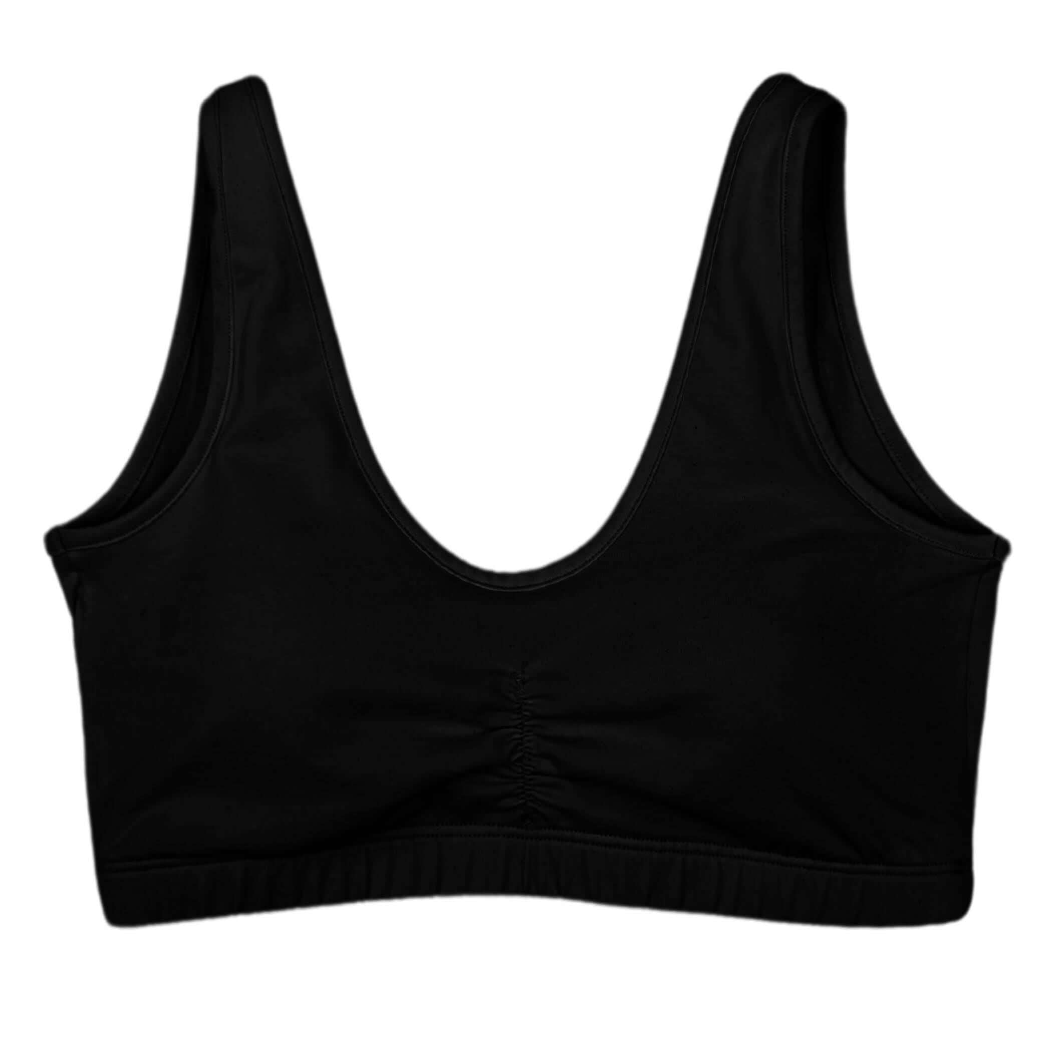 Schwarzes Sport-Bralet mit tiefem Ausschnitt und gerafftem Detail in der Mitte, auf weißem Hintergrund.