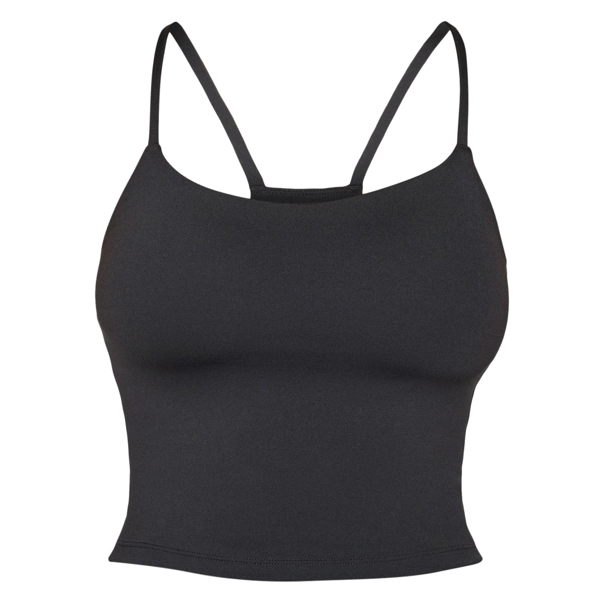 Ein schwarzes, tailliertes Crop-Top mit dünnen Spaghetti-Trägern und geradem Ausschnitt, das sich vor einem weißen Hintergrund abzeichnet.