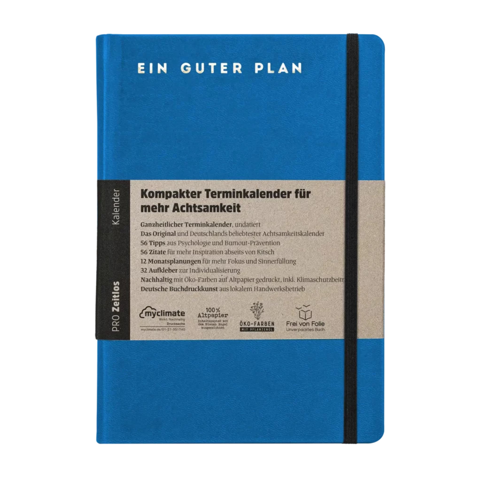 Blauer Kalender "Ein Guter Plan" mit grauem Papierband, das Details zur Achtsamkeit und Nachhaltigkeit zeigt.