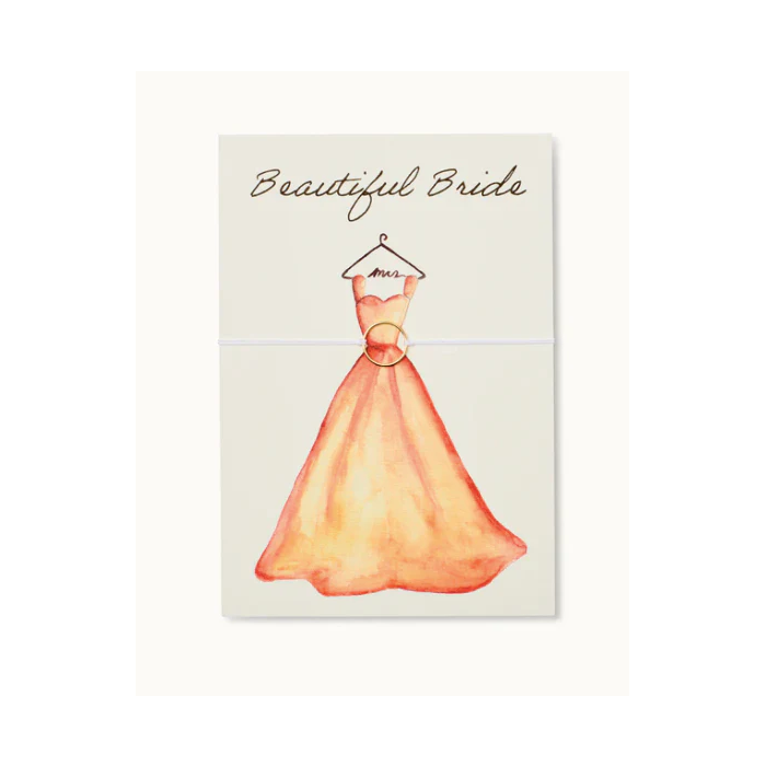 Karte mit der Aufschrift "Beautiful Bride" und einer Illustration eines Hochzeitskleids auf einem Kleiderbügel.