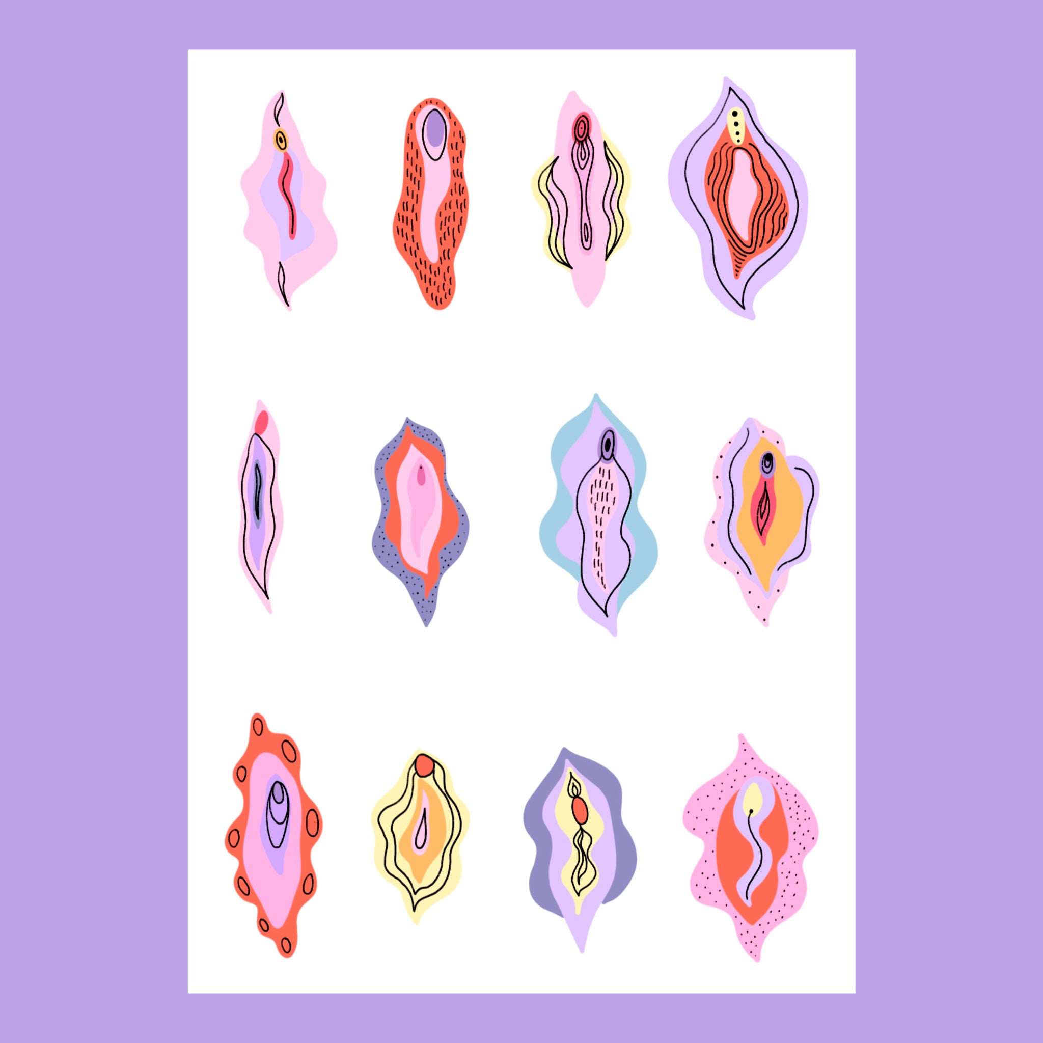 Bunte, abstrakte Illustrationen von zwölf Vulven, jede mit einzigartigen Formen, Farben und Mustern, sind in einem Raster auf einem weißen, quadratischen Hintergrund mit einem lavendelfarbenen Rand angeordnet.
