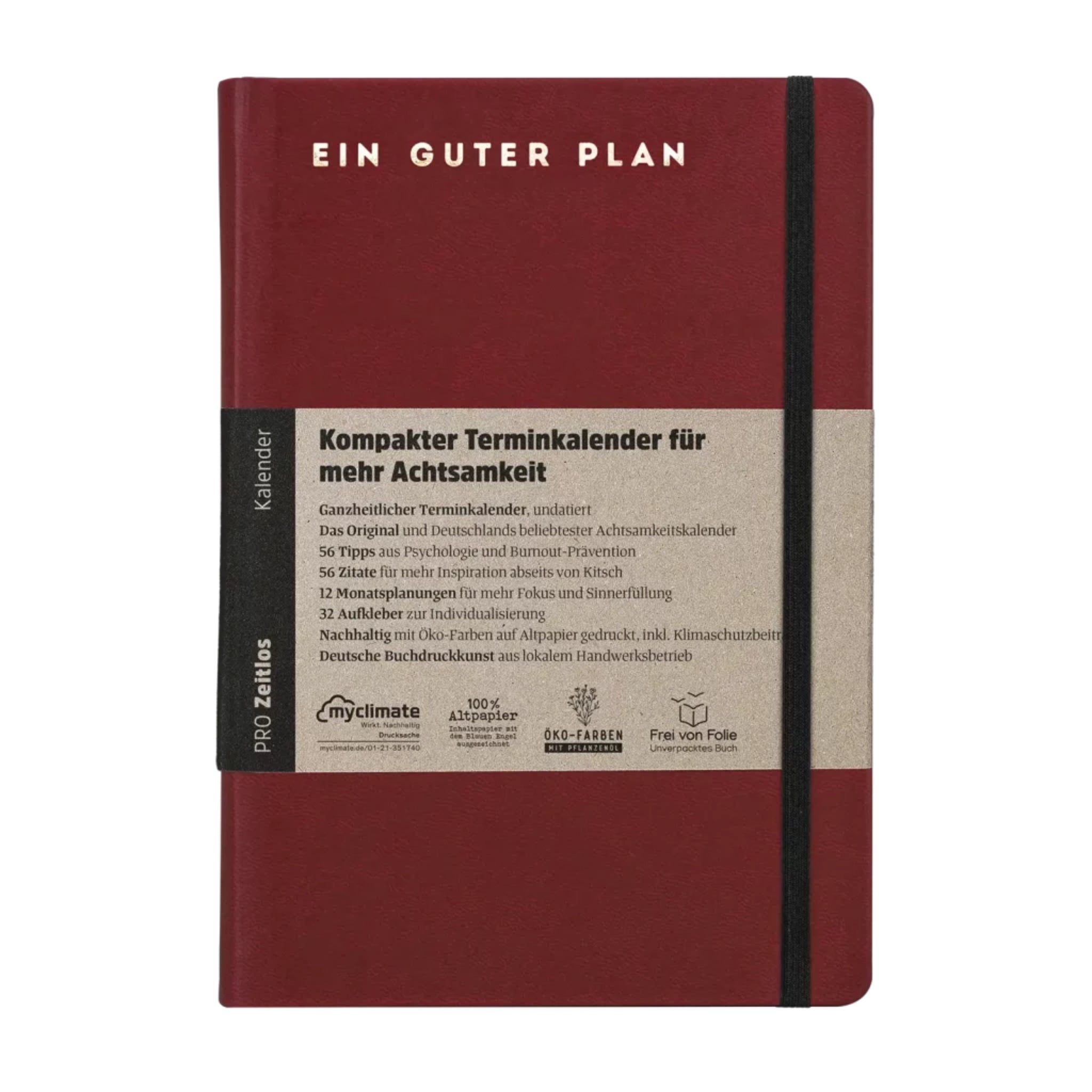 Roter Kalender mit dem Titel "Ein Guter Plan" und einer Banderole, die Informationen über Achtsamkeit und Nachhaltigkeit bietet.