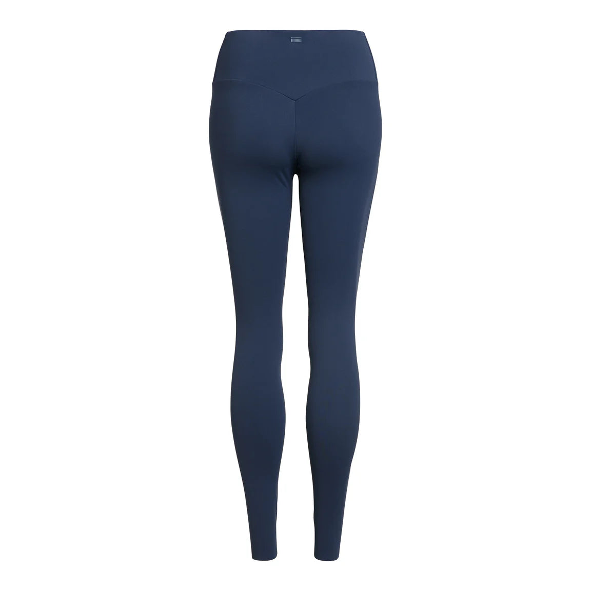 Rückenansicht eines Paars marineblauer Leggings mit hoher Taille und tailliertem Schnitt vor weißem Hintergrund.