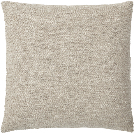 Ein quadratisches, strukturiertes beigefarbenes Kissen mit weichem, boucleartigem Stoff vor einem schlichten weißen Hintergrund.