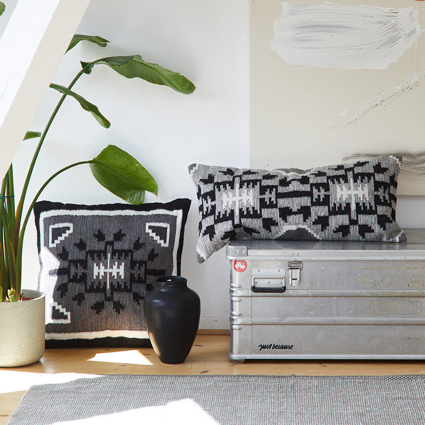 Ein modernes Interieur mit einer Topfpflanze, einer schwarzen Vase, zwei gemusterten schwarzen und grauen Kissen, einem silbernen Metallkoffer und einem grauen Strukturteppich vor einer weißen Wand mit abstrakten Farbakzenten.