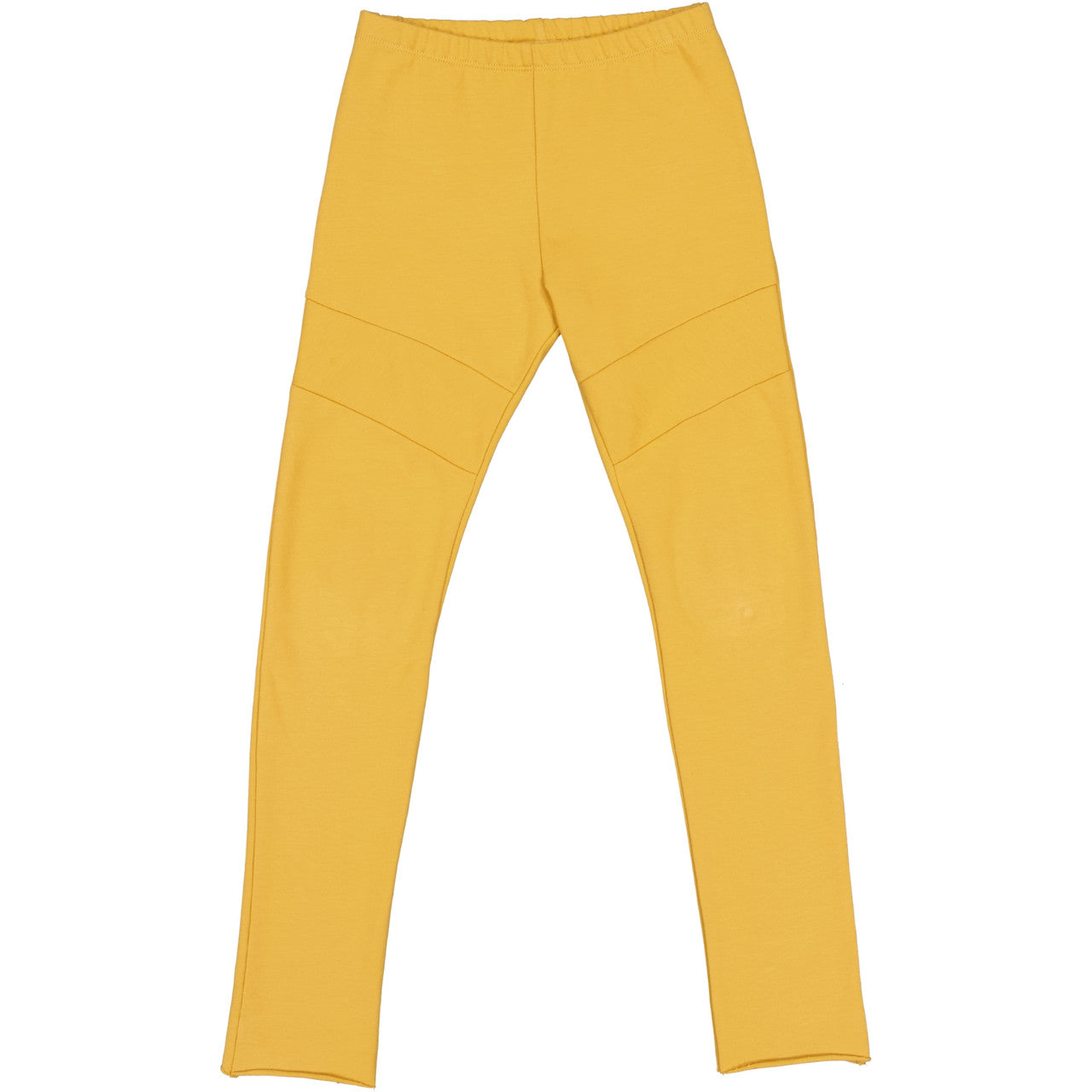 Ein Paar gelbe Leggings mit elastischem Bund und Zierleisten über den Knien, flach auf weißem Grund.