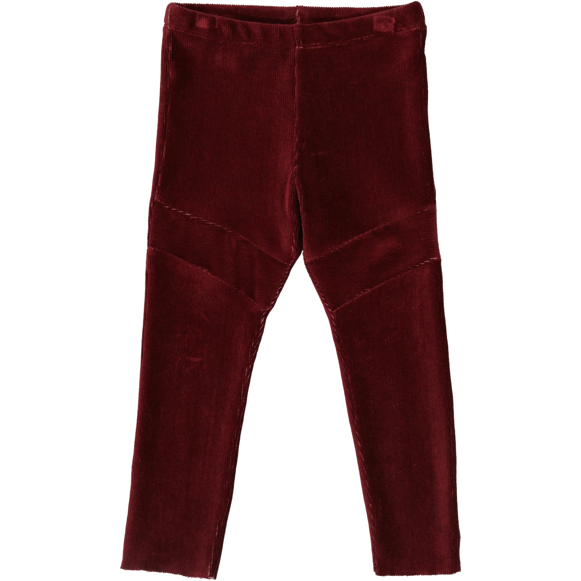 Ein Paar burgunderfarbene Samtleggings in taillierter Form mit Nahtdetails oberhalb der Knie auf weißem Hintergrund.