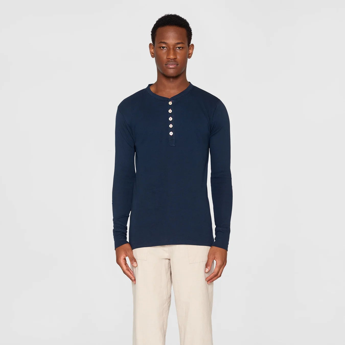KnowledgeCotton Apparel Long Sleeve "Henley" Blau (Total Eclipse)
