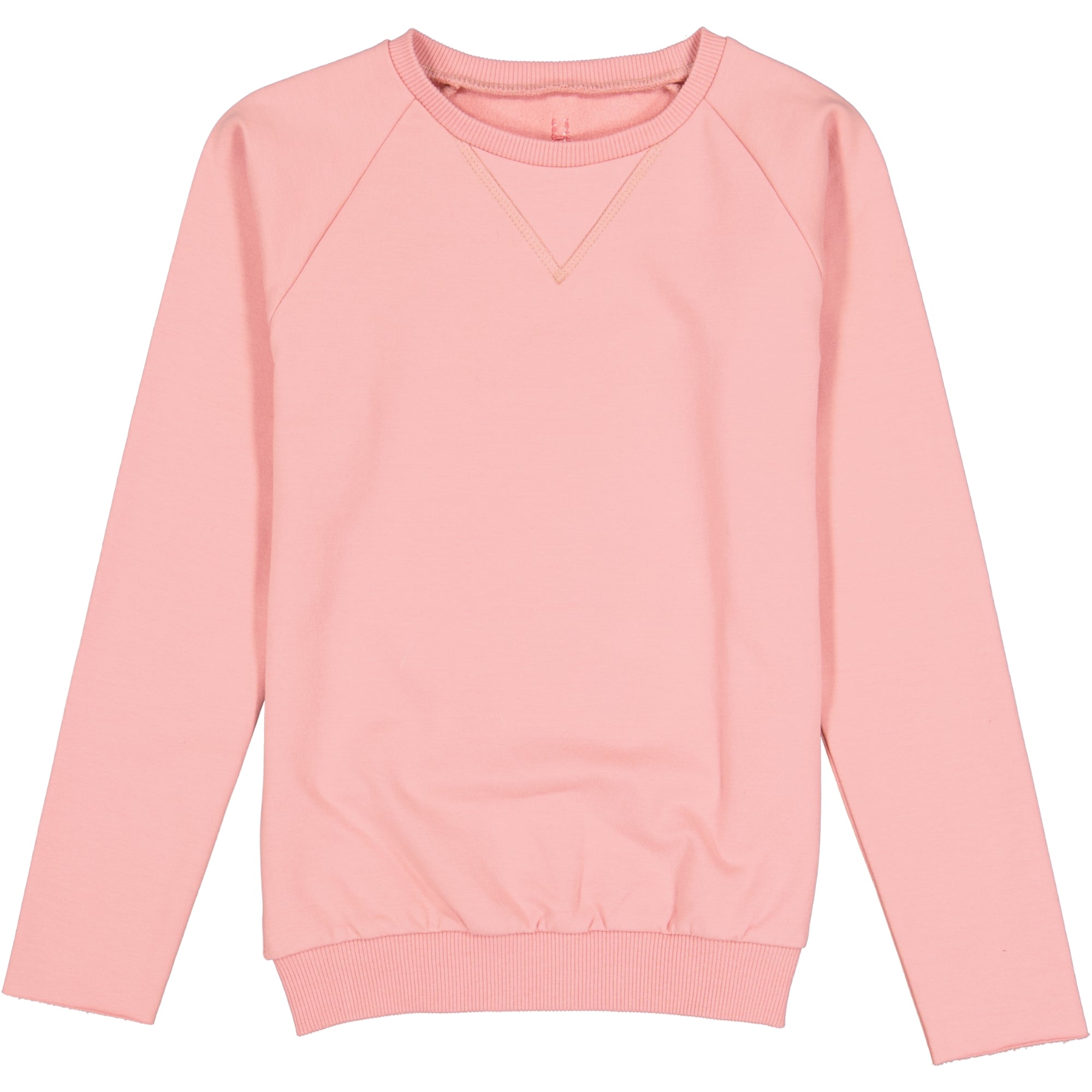 Ein einfarbiges, langärmeliges, hellrosa Sweatshirt mit Rundhalsausschnitt und gerippten Bündchen, Kragen und Saum, flach auf weißem Hintergrund.