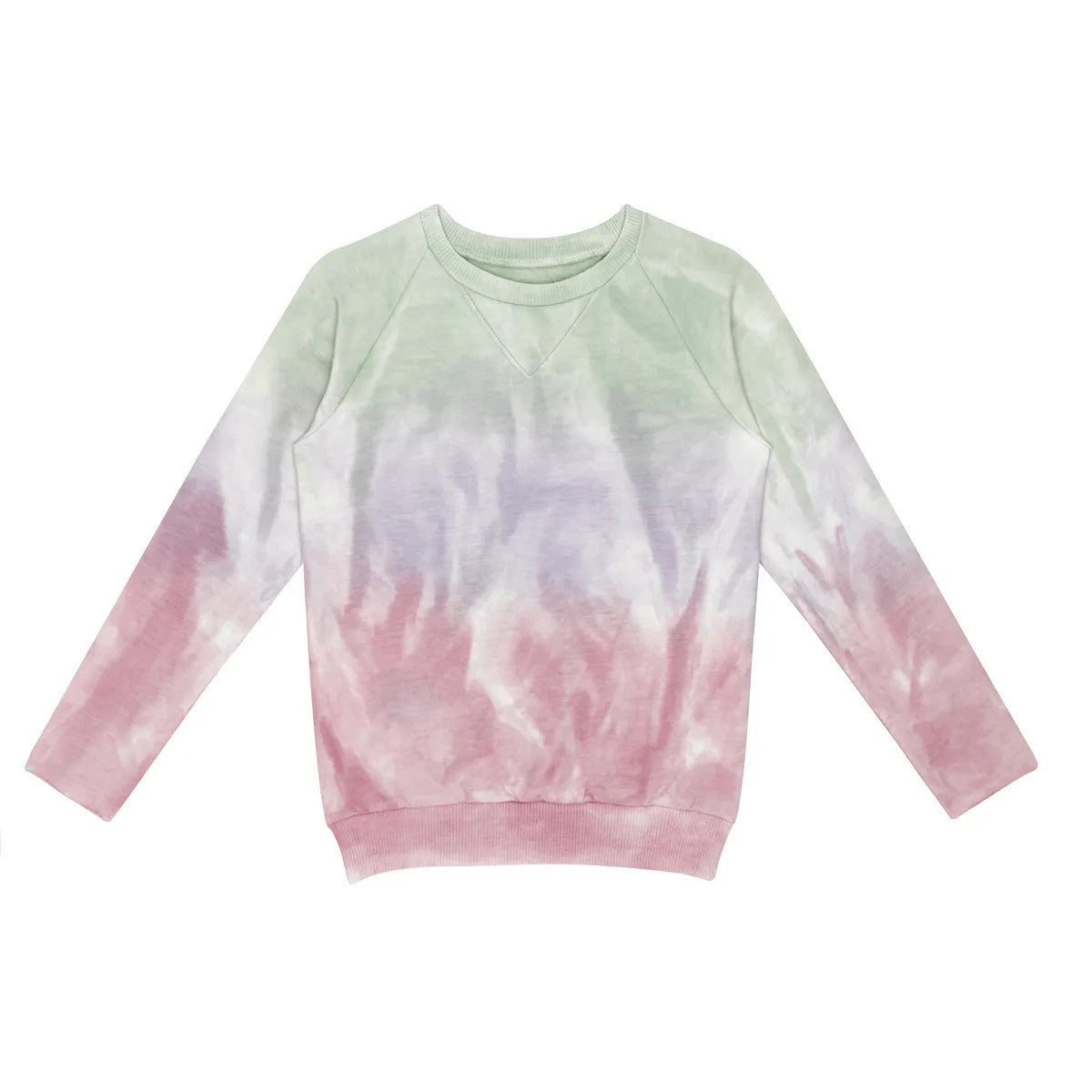 Ein langärmeliges Sweatshirt mit Rundhalsausschnitt und einem pastellfarbenen Batikmuster in zarten Grün-, Lavendel- und Rosatönen auf weißem Hintergrund.