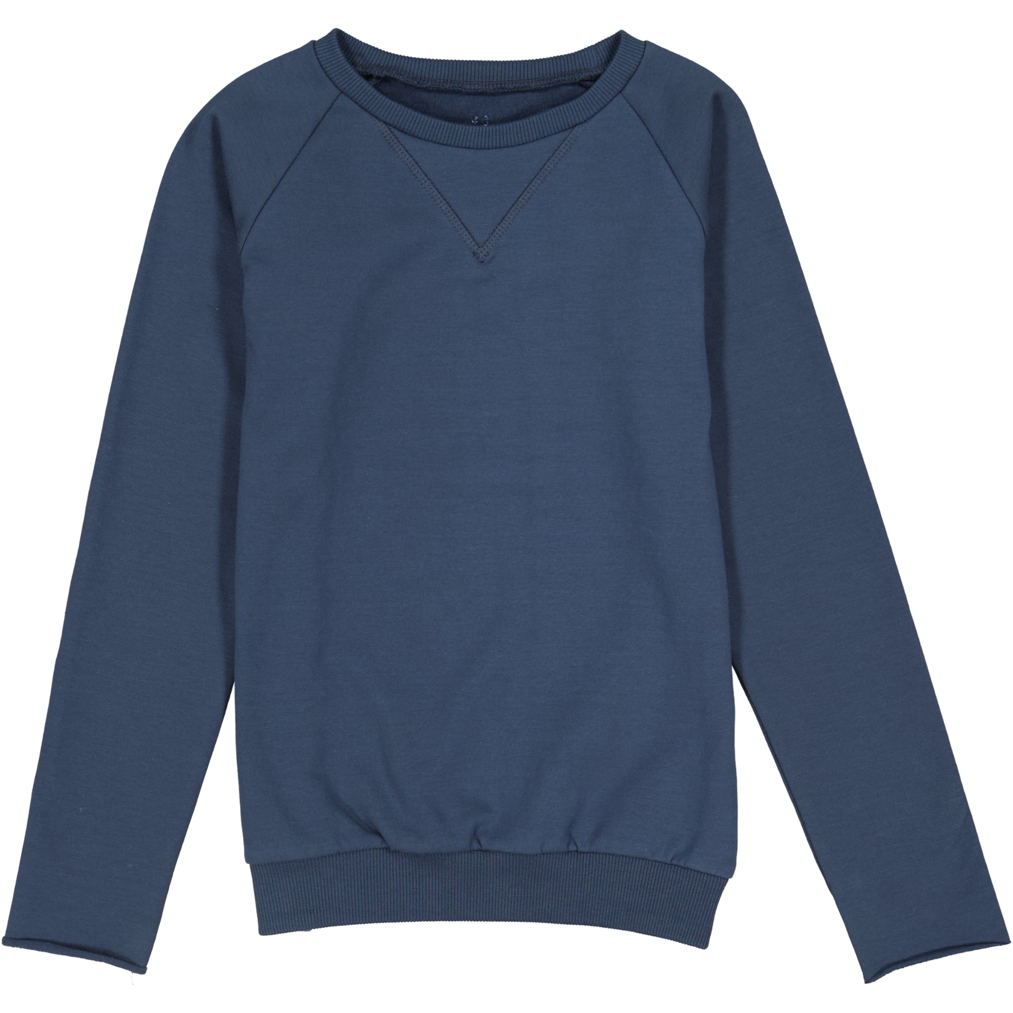 Ein schlichtes, langärmeliges Sweatshirt mit Rundhalsausschnitt in unifarbenem Marineblau, flach auf weißem Hintergrund.