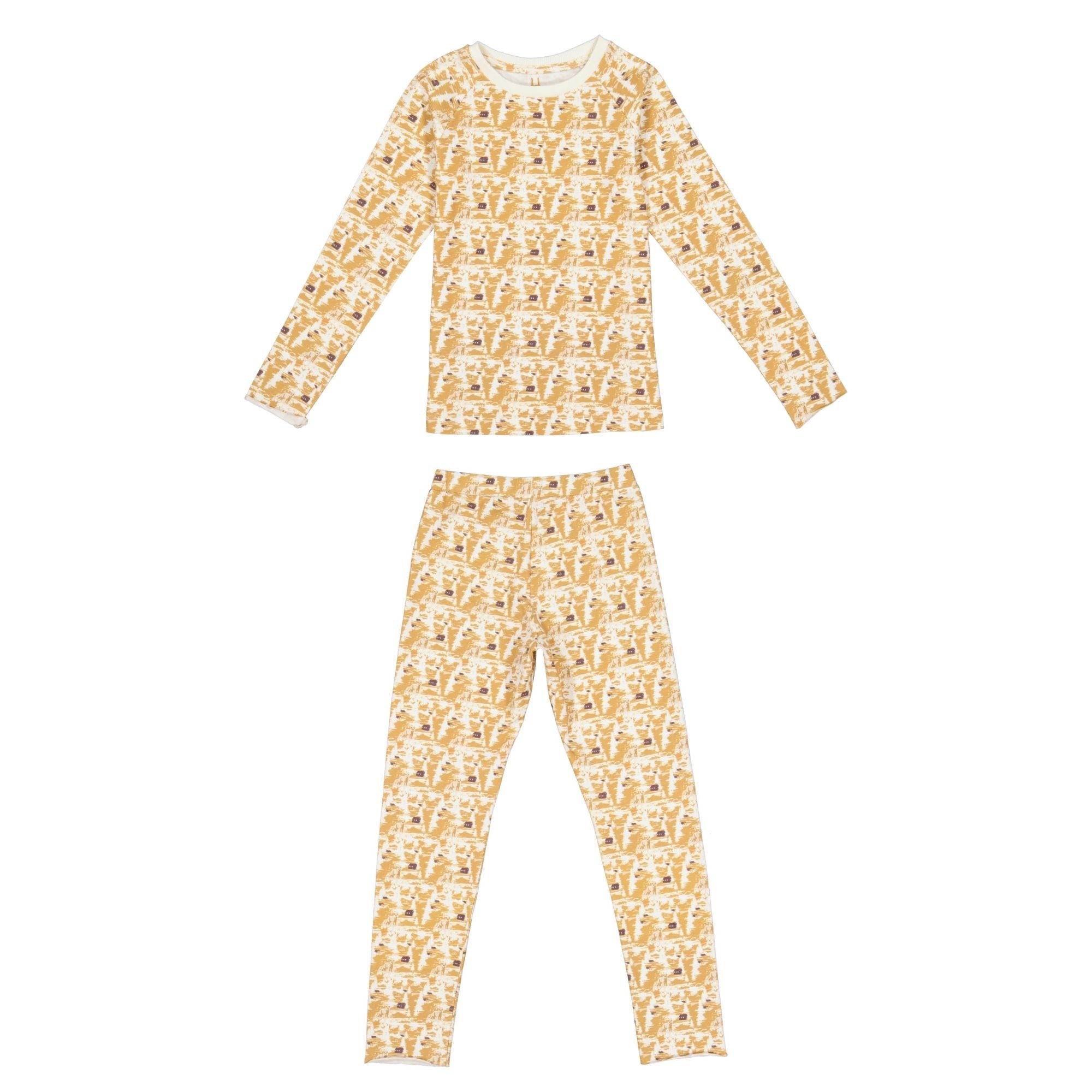 Zweiteiliges Kinder-Pyjama-Set mit langärmeligem Oberteil und Hose mit gelb-weißem Giraffenmuster auf beiden Teilen.