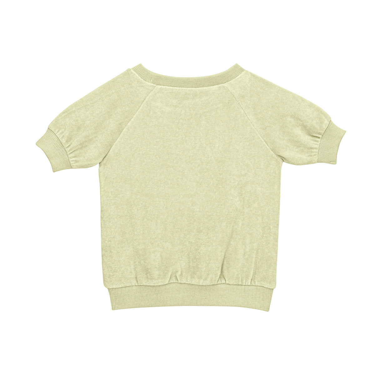 Hellbeiges kurzärmeliges Sweatshirt mit geripptem Kragen, Manschetten und Bund, flach auf weißem Hintergrund dargestellt, wobei die Rückseite des Kleidungsstücks zu sehen ist.