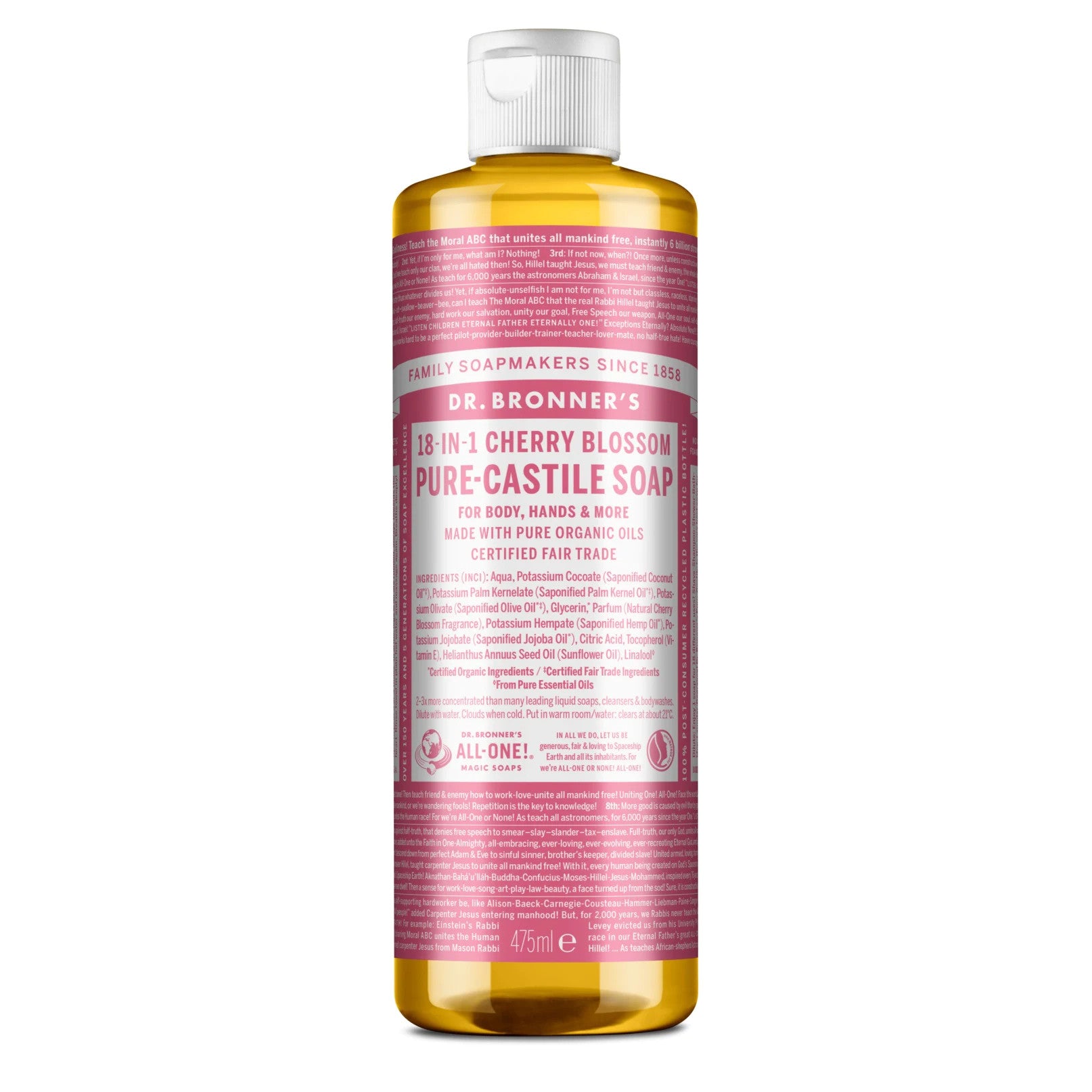 Flasche Dr. Bronner's 18-in-1 Pure-Castile Soap mit Kirschblütenduft, 475 ml, mit rosa Etikett.