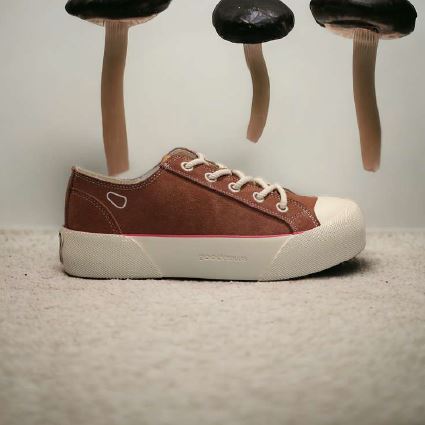 Ein brauner Sneaker mit weißen Schnürsenkeln steht auf einem Teppich, während Pilze von oben herabhängen.