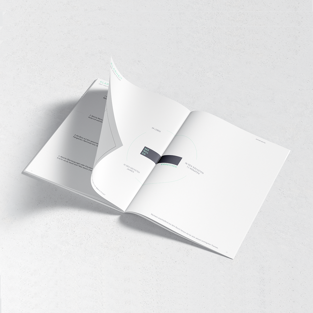 Ein aufgeschlagenes, minimalistisches Magazin auf hellem Untergrund, mit Diagrammen und Text auf den sichtbaren Seiten.