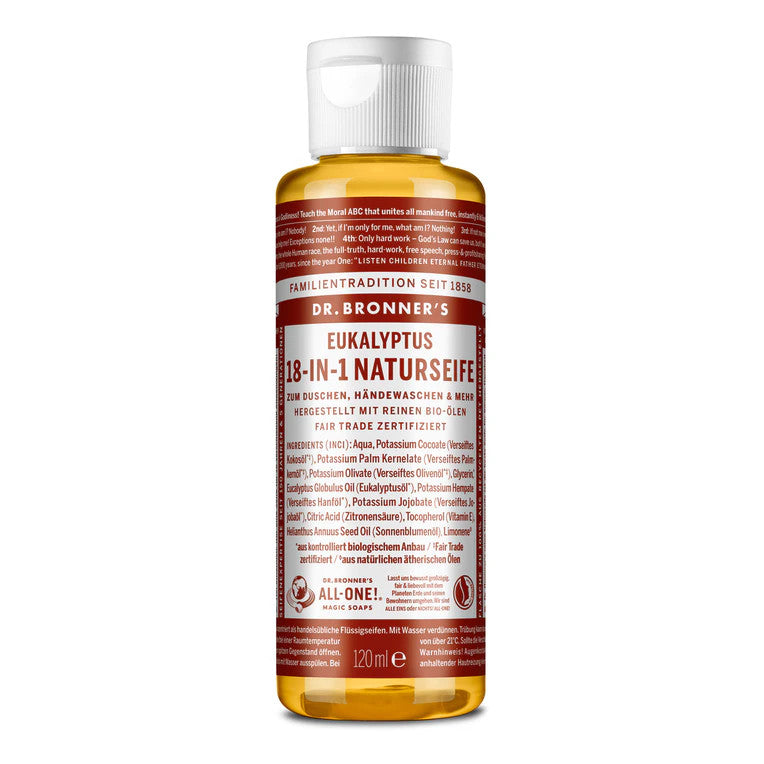 Braune Flasche mit weißem Verschluss. Etikett: Dr. Bronner's Eukalyptus 18-in-1 Naturseife, 120 ml.