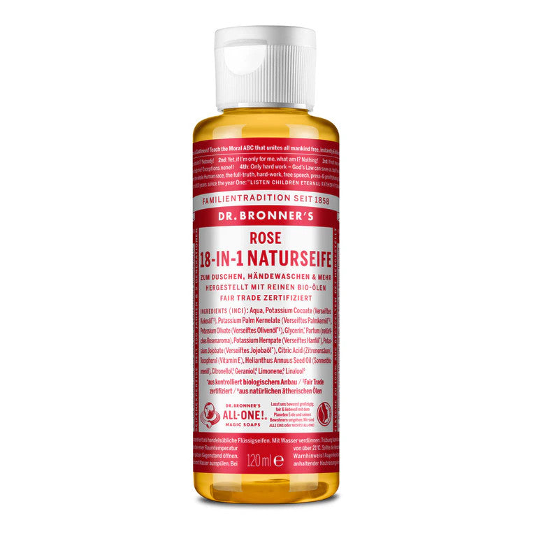 Flasche Dr. Bronner's Rose 18-in-1 Naturseife mit rotem Etikett und Text.