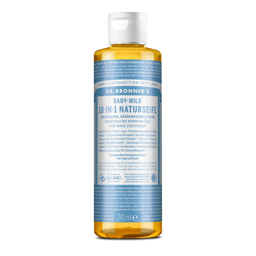 Eine Flasche Dr. Bronners Baby-Mild 18-in-1 Pure-Castile Liquid Soap mit blauem Etikett und weißem Text, die 240 ml Produkt enthält.