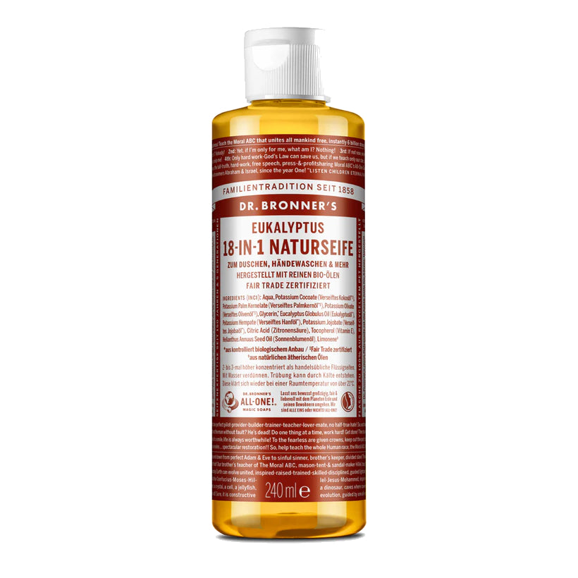 Eine 240-ml-Flasche Dr. Bronner's 18-in-1 Eucalyptus Pure-Castile Liquid Soap mit weißem Verschluss und rot-weißem Etikett mit Produktangaben in deutscher Sprache.