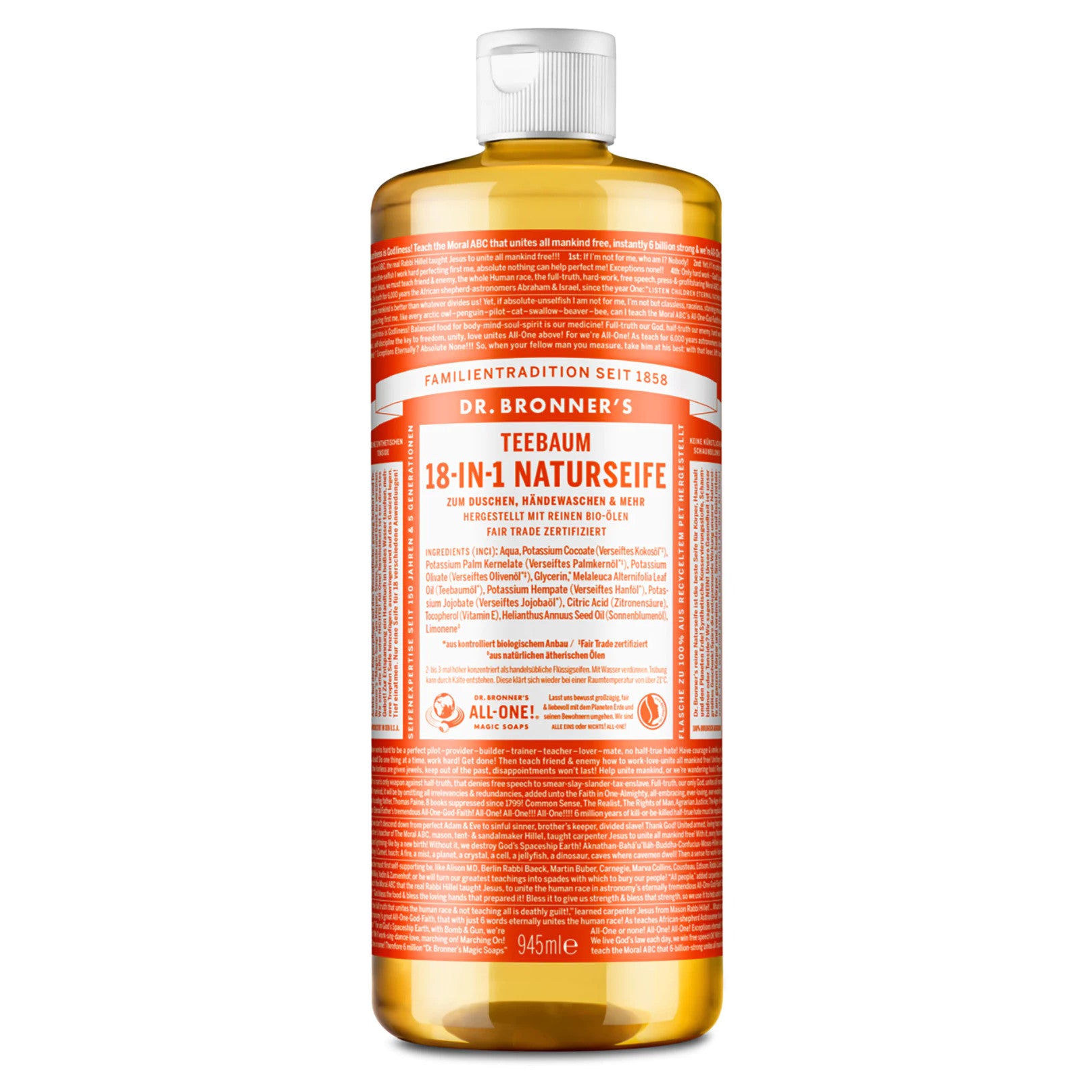 Flasche Dr. Bronner's Teebaum 18-in-1 Naturseife mit orangefarbenem Etikett und weißem Deckel, 945 ml.