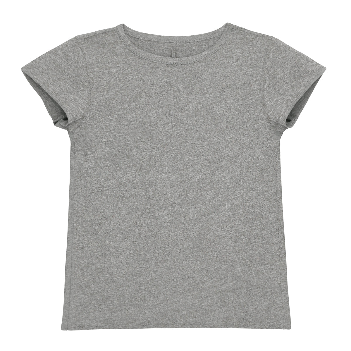 Ein schlichtes, kurzärmeliges T-Shirt mit Rundhalsausschnitt in unifarbenem Hellgrau, flach auf weißem Hintergrund.
