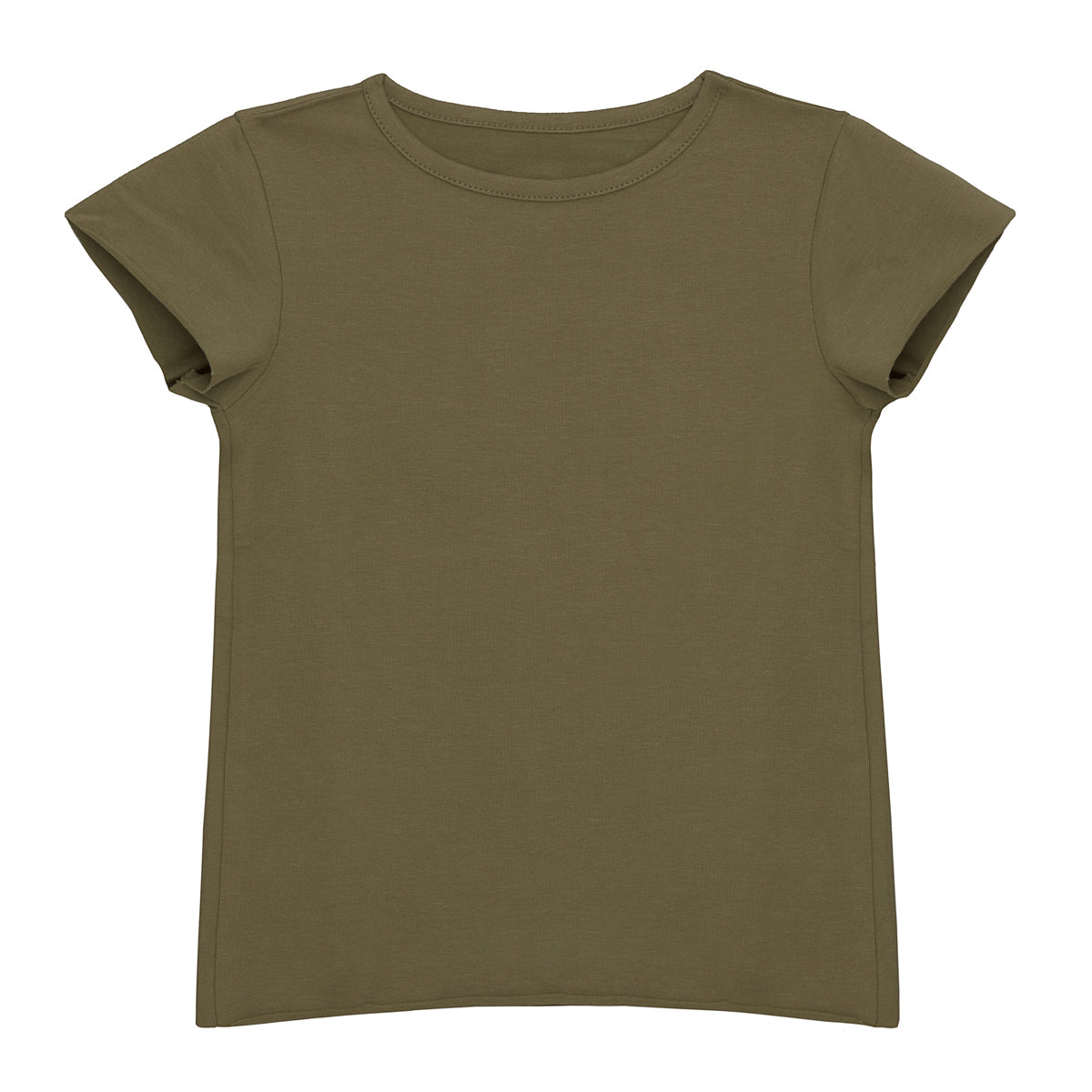 Ein einfaches, kurzärmeliges, olivgrünes T-Shirt, das flach auf einem weißen Hintergrund liegt.