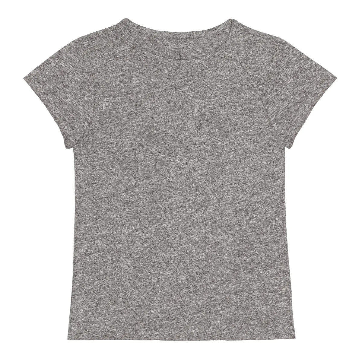 Ein schlichtes, kurzärmeliges, erdgraues T-Shirt liegt flach auf einem weißen Hintergrund. Das Shirt hat einen Rundhalsausschnitt und keine sichtbaren Logos, Muster oder Designs.
