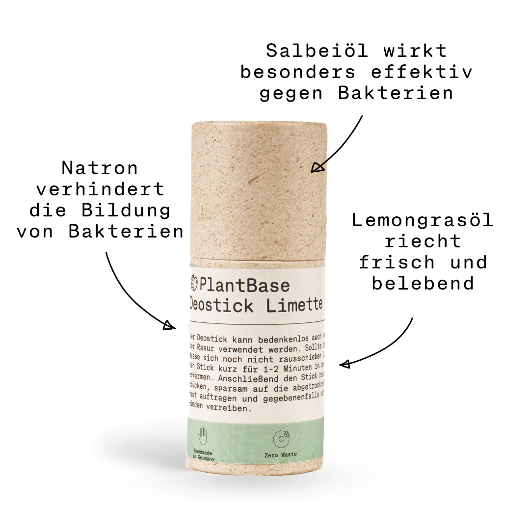 Eine zylindrische Pappröhre mit der Aufschrift PlantBase Deostick Limette mit grünem Boden, einer minimalistischen, umweltfreundlichen Verpackung und deutschem Text.