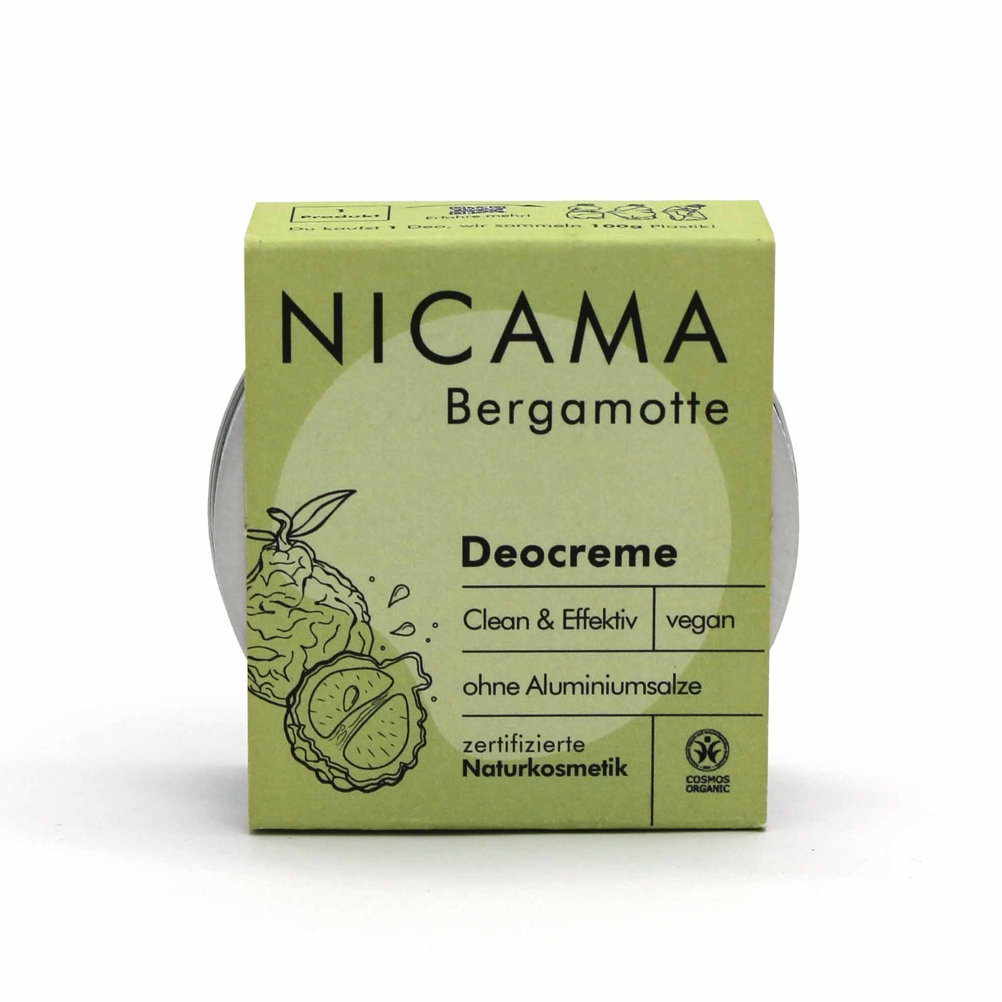 Grüne Verpackung einer Bergamotte-Deocreme von "Nicama", zertifiziert vegan ohne Aluminiumsalze.