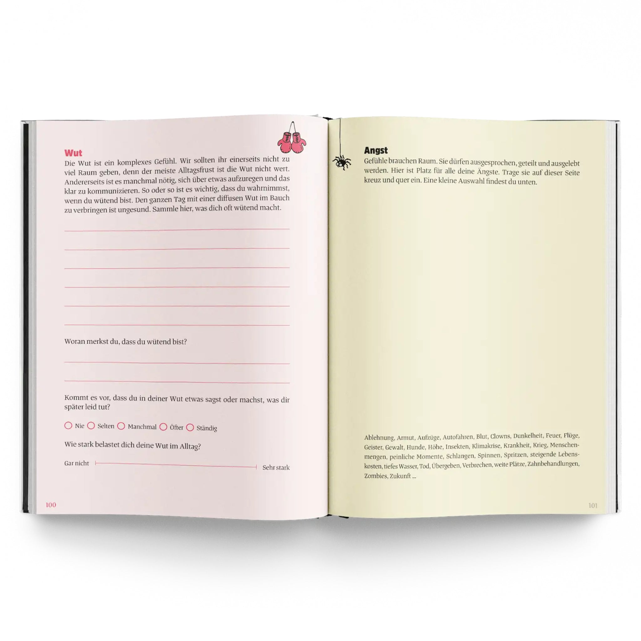 Aufgeschlagenes Buch mit Texten zu den Themen "Wut" auf der linken Seite und "Angst" auf der rechten Seite.