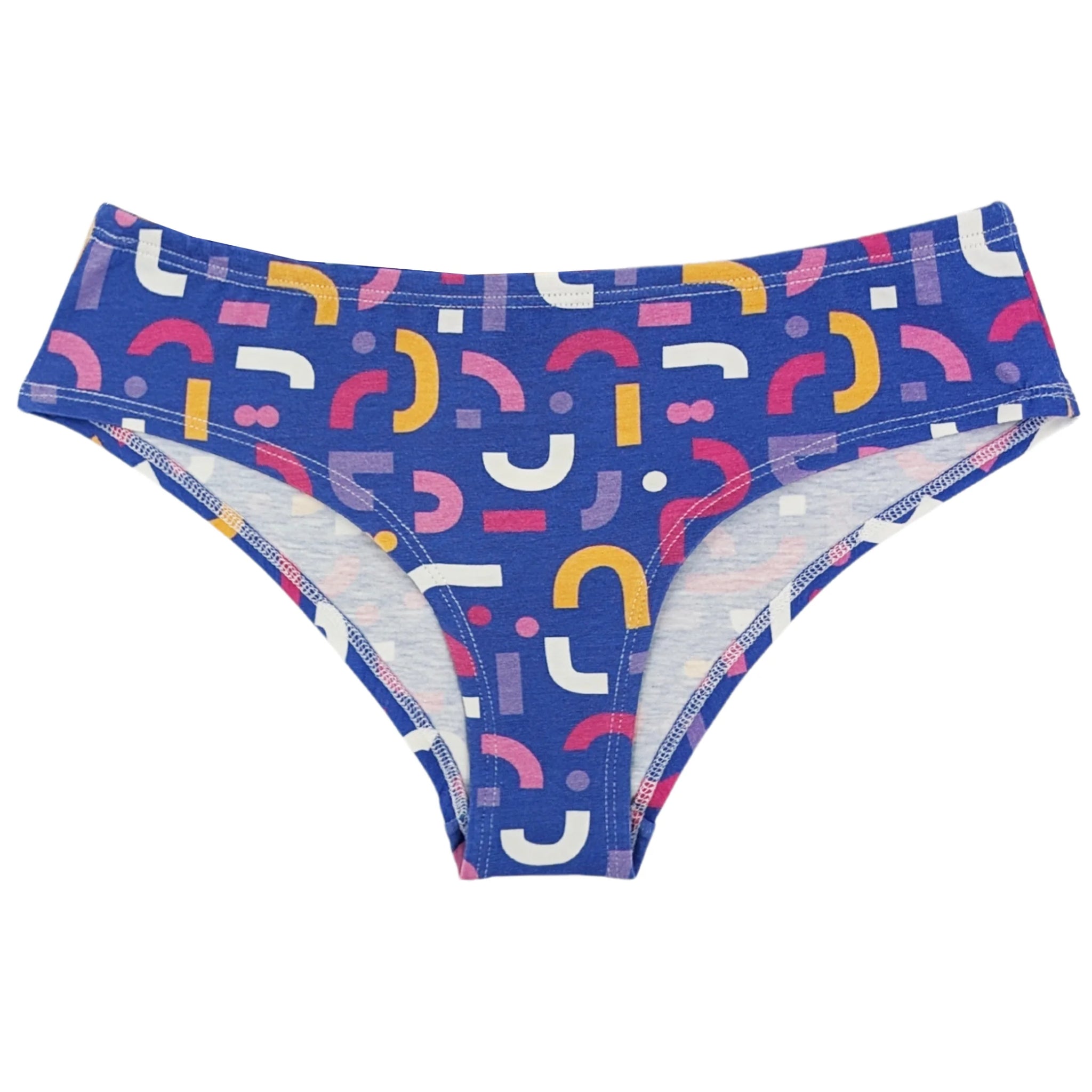 Blauer Damen-Slip mit buntem, abstraktem Muster aus gelben, rosa und weißen Formen.