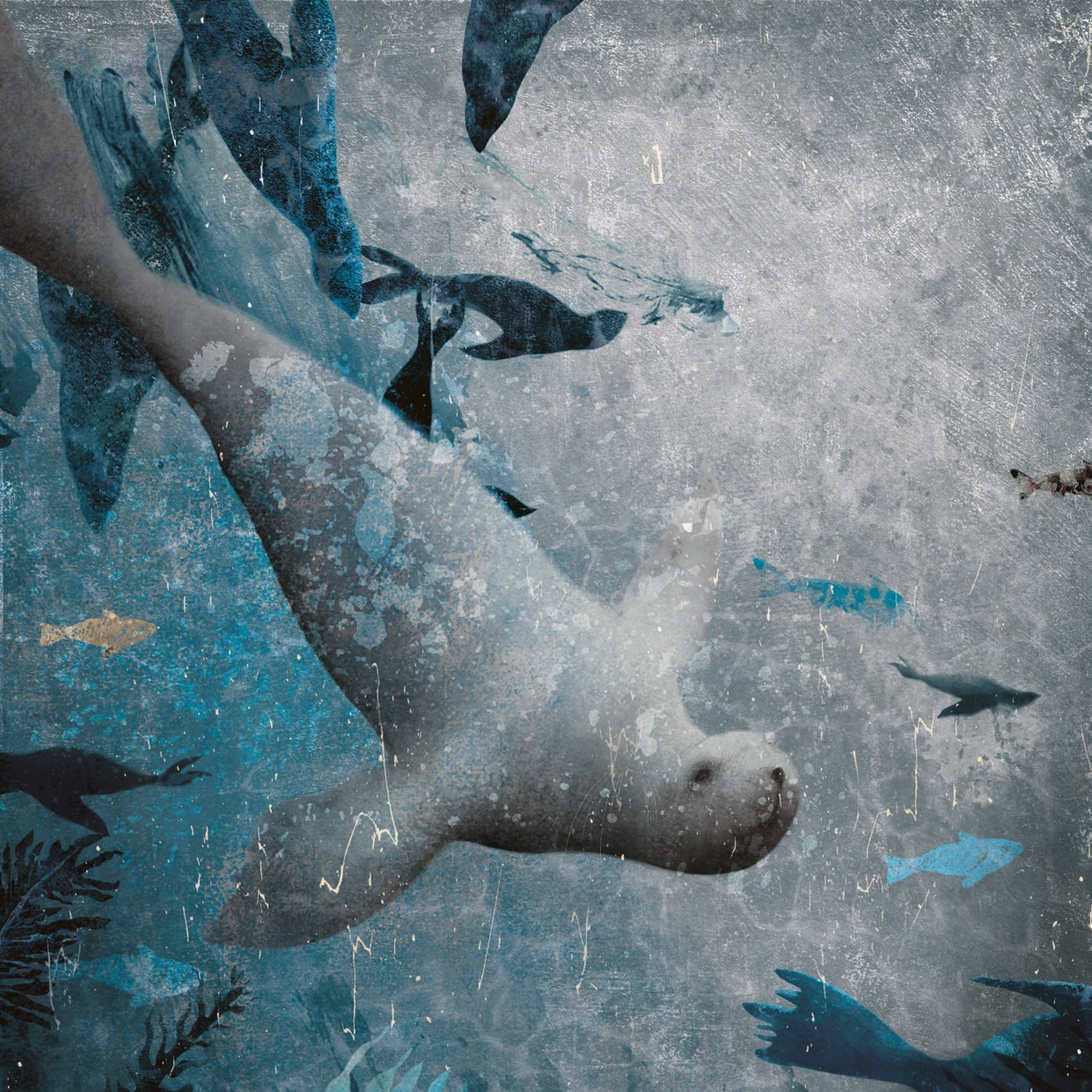 Ein digitales Kunstwerk einer weißen Robbe, die unter Wasser schwimmt, umgeben von Fischen und anderen Robben, mit einer strukturierten, zerkratzten Überlagerung, die dem Bild ein gealtertes, verwittertes Aussehen verleiht.