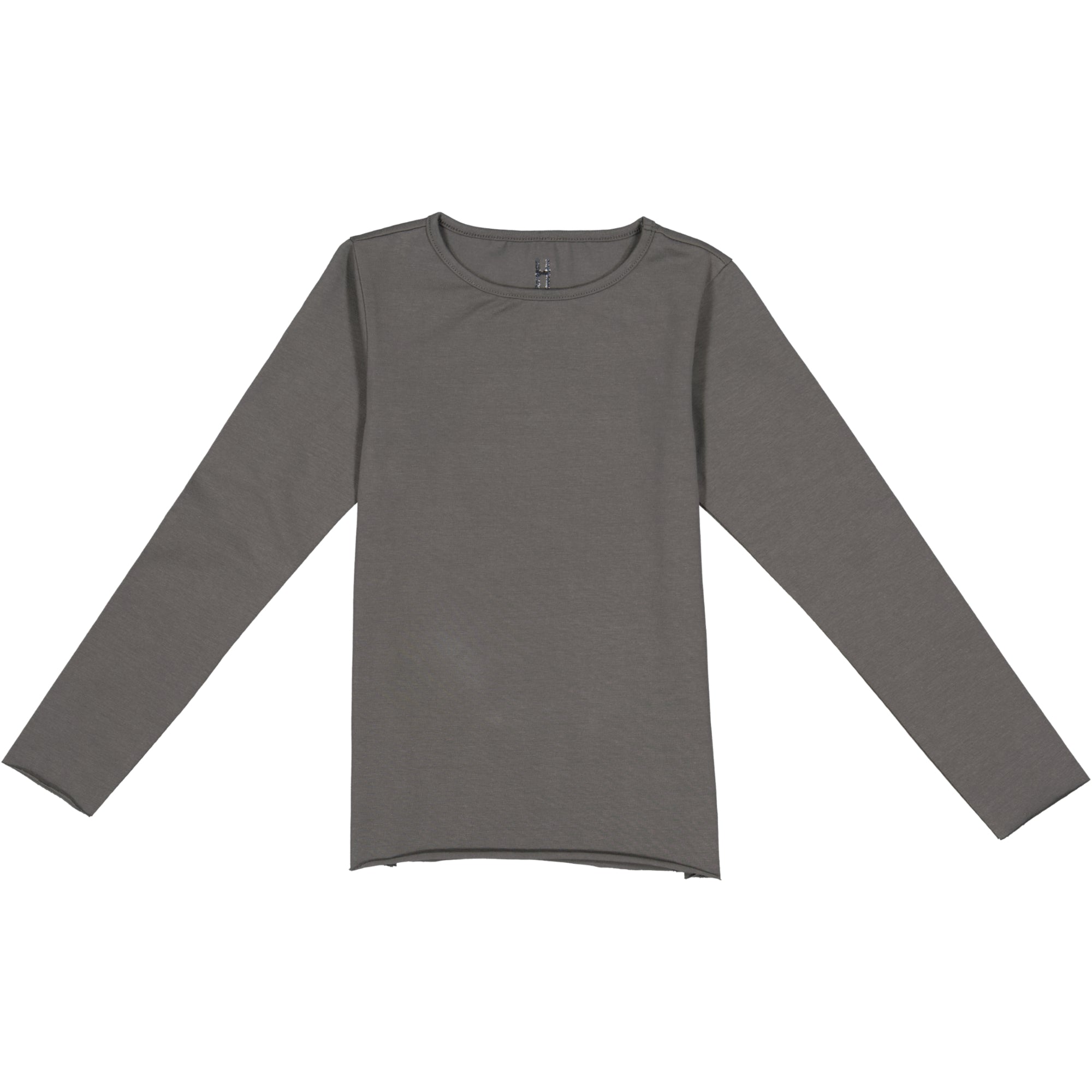 Ein einfarbiges, langärmeliges T-Shirt mit Rundhalsausschnitt in Grau liegt flach auf einem weißen Hintergrund.