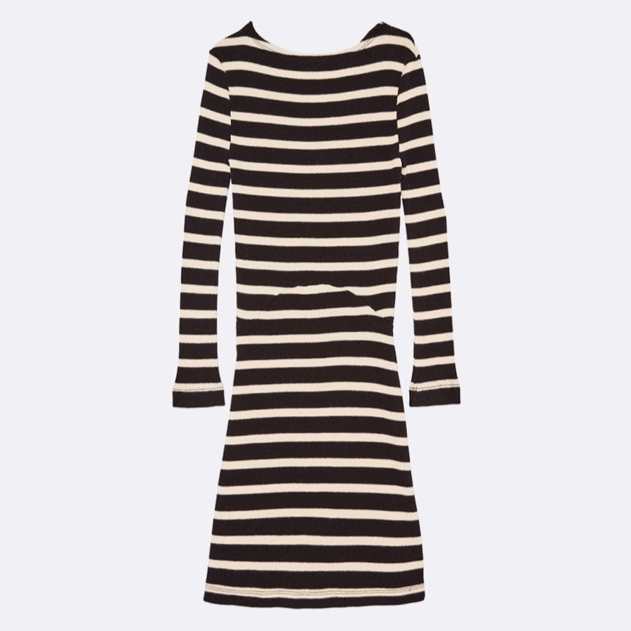 Ein langärmeliges, schwarz-weißes, horizontal gestreiftes Kleid mit taillierter Passform und leicht ausgestelltem Rock, flach auf hellem Grund.