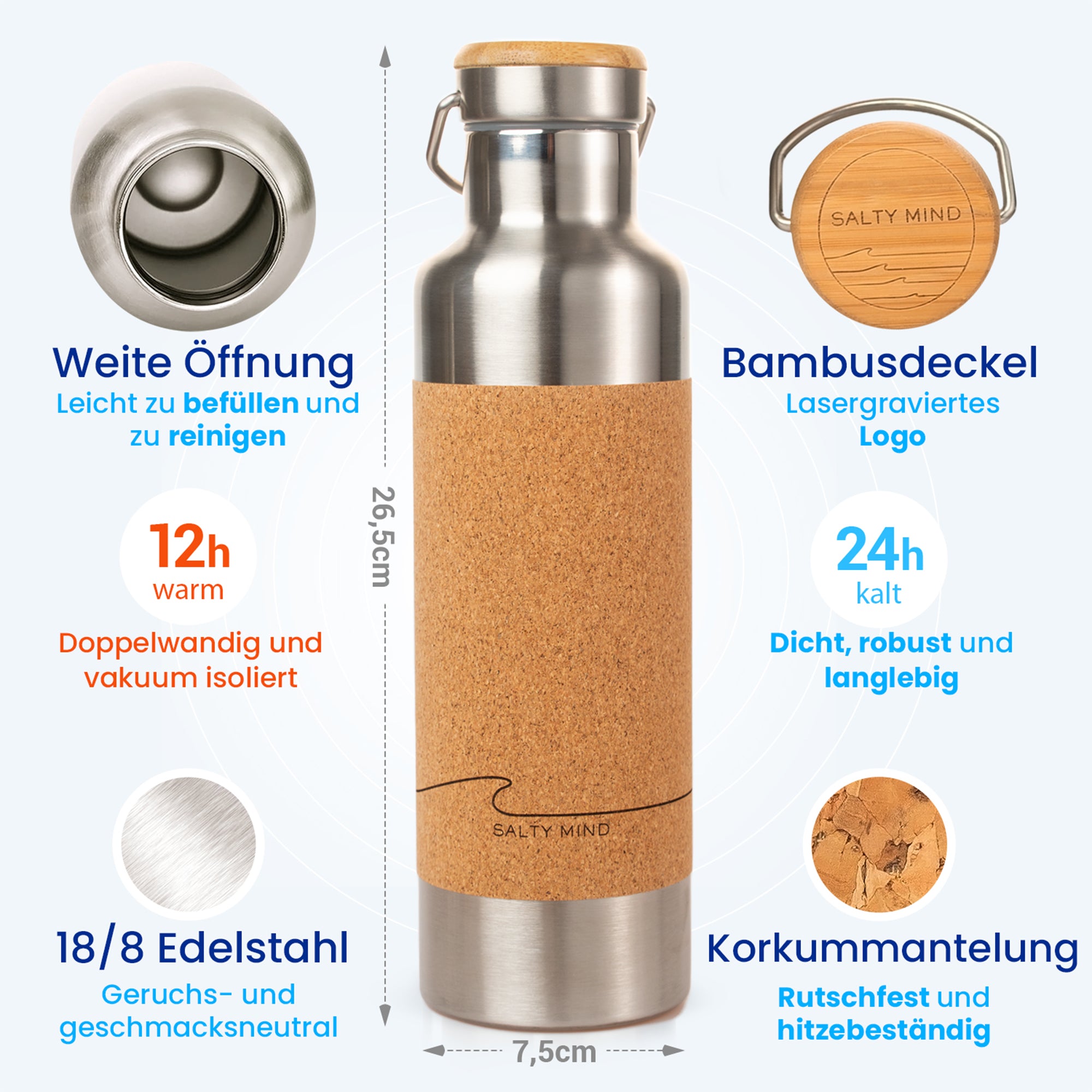 Edelstahl-Wasserflasche mit Bambusdeckel, Korkummantelung, und großer Öffnung; hält Getränke 12h warm und 24h kalt.