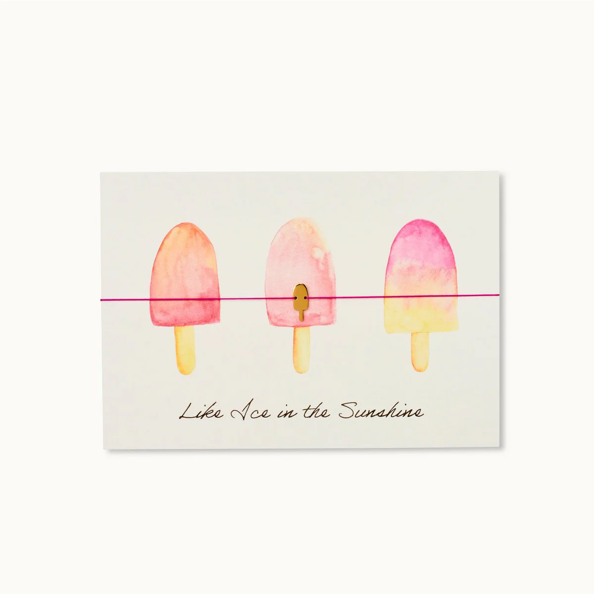 Drei Aquarelle von Eis am Stiel in Rosa- und Gelbtönen mit der Aufschrift "Like Ice in the Sunshine" darunter.