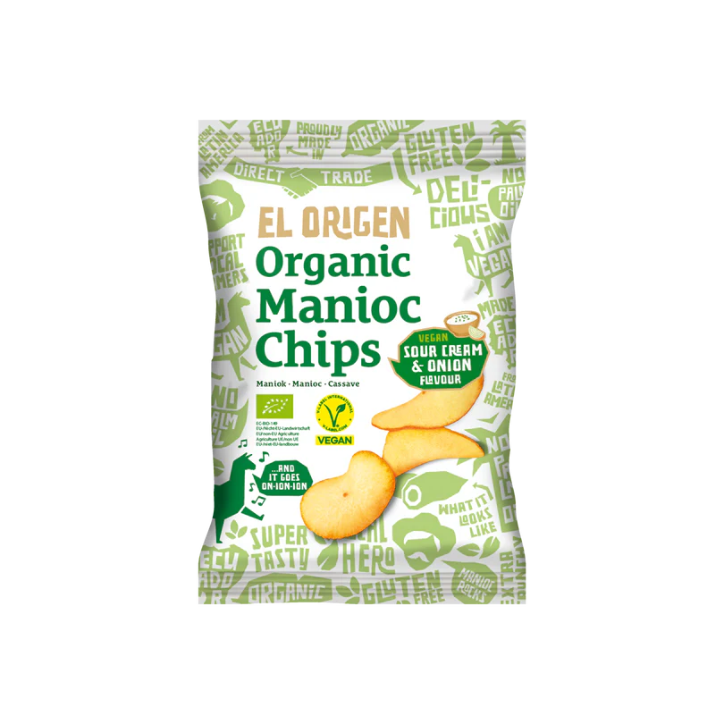Verpackung von "El Origen Organic Manioc Chips" mit Sour Cream & Onion Geschmack, vegan und glutenfrei.