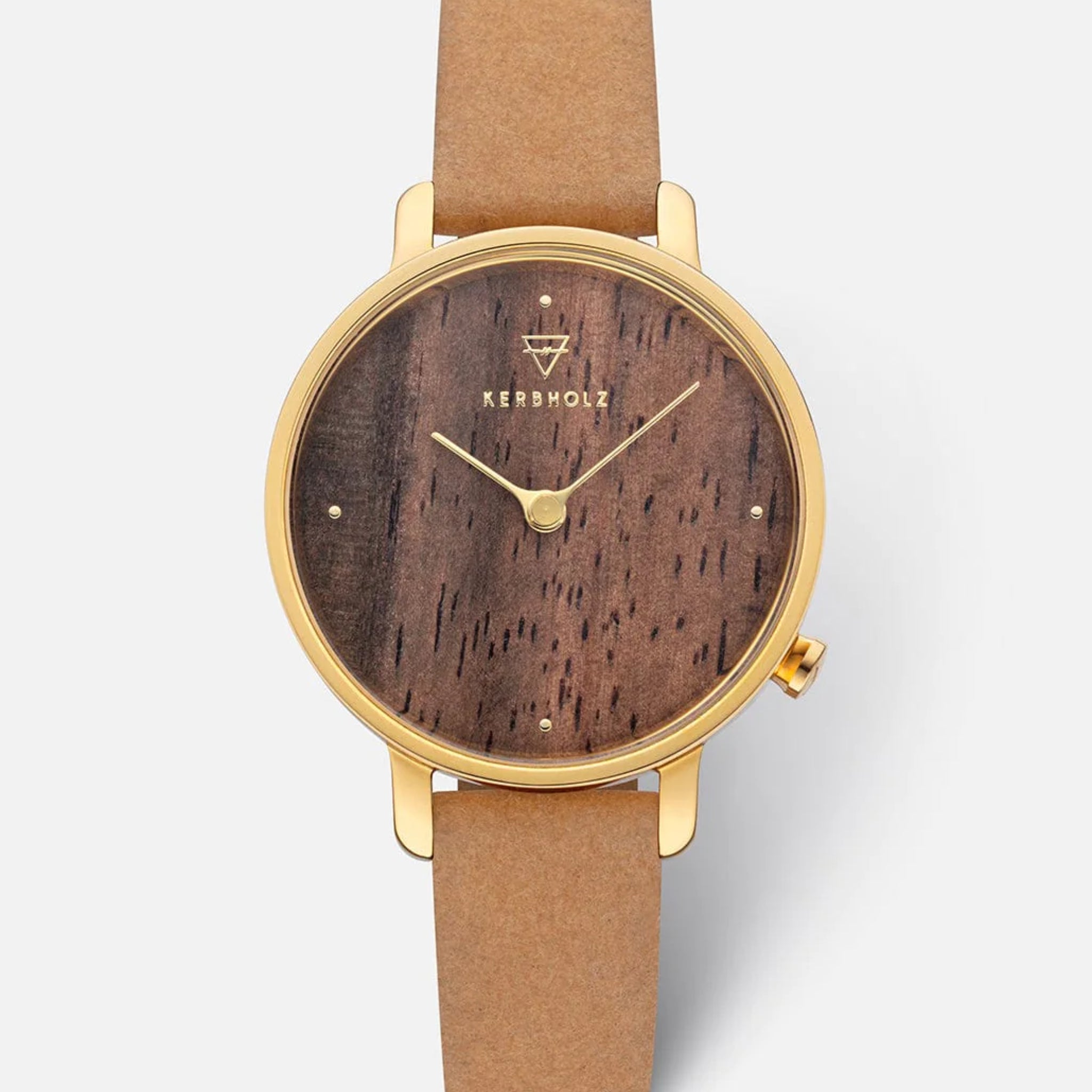Goldene Uhr mit braunem Holzzifferblatt und beigem Lederarmband.