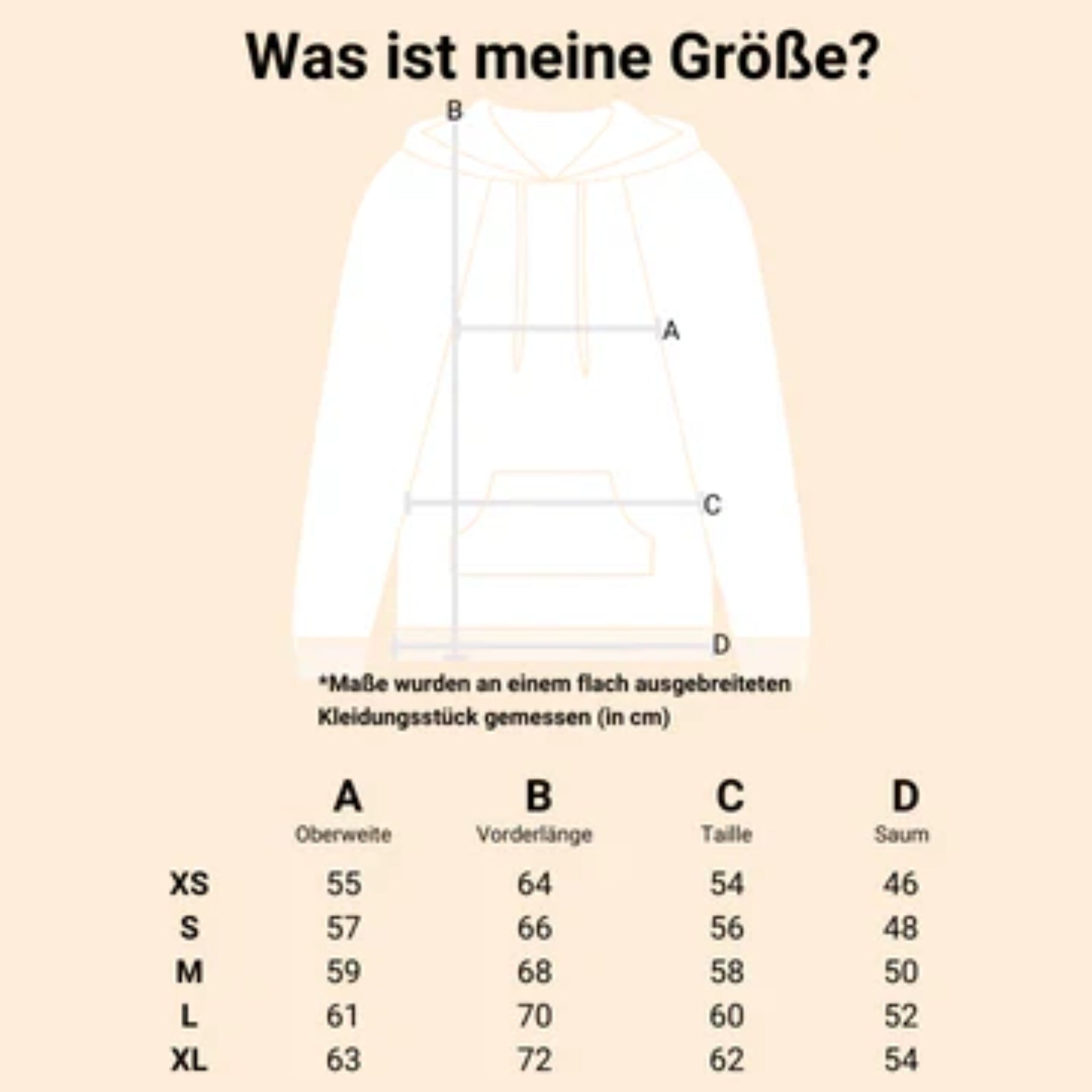 Größentabelle für Hoodies mit Maßen für XS bis XL, zeigt Oberweite, Vorderlänge, Taille und Saum in Zentimetern.