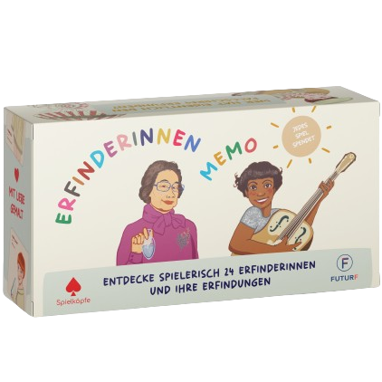 Spielkarton mit der Aufschrift "Erfinderinnen Memo" und Bildern von zwei Frauen.