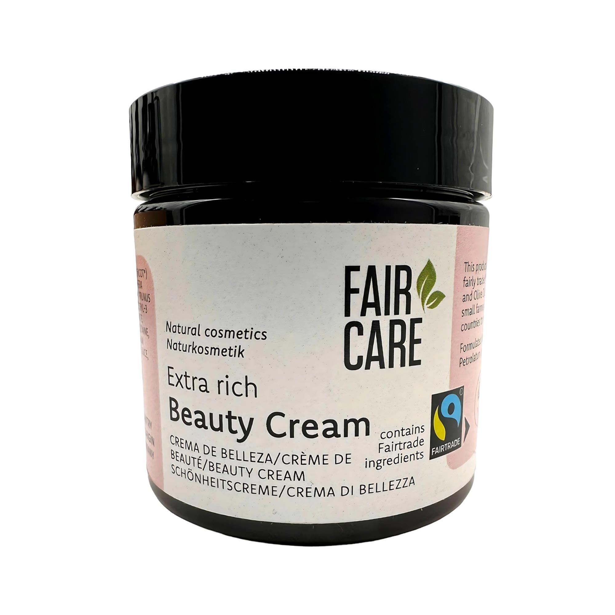 Ein Tiegel Fair Care Extra Rich Beauty Cream mit schwarzem Deckel und weißem Etikett mit Produktangaben und dem Logo der Fairtrade-Zertifizierung.
