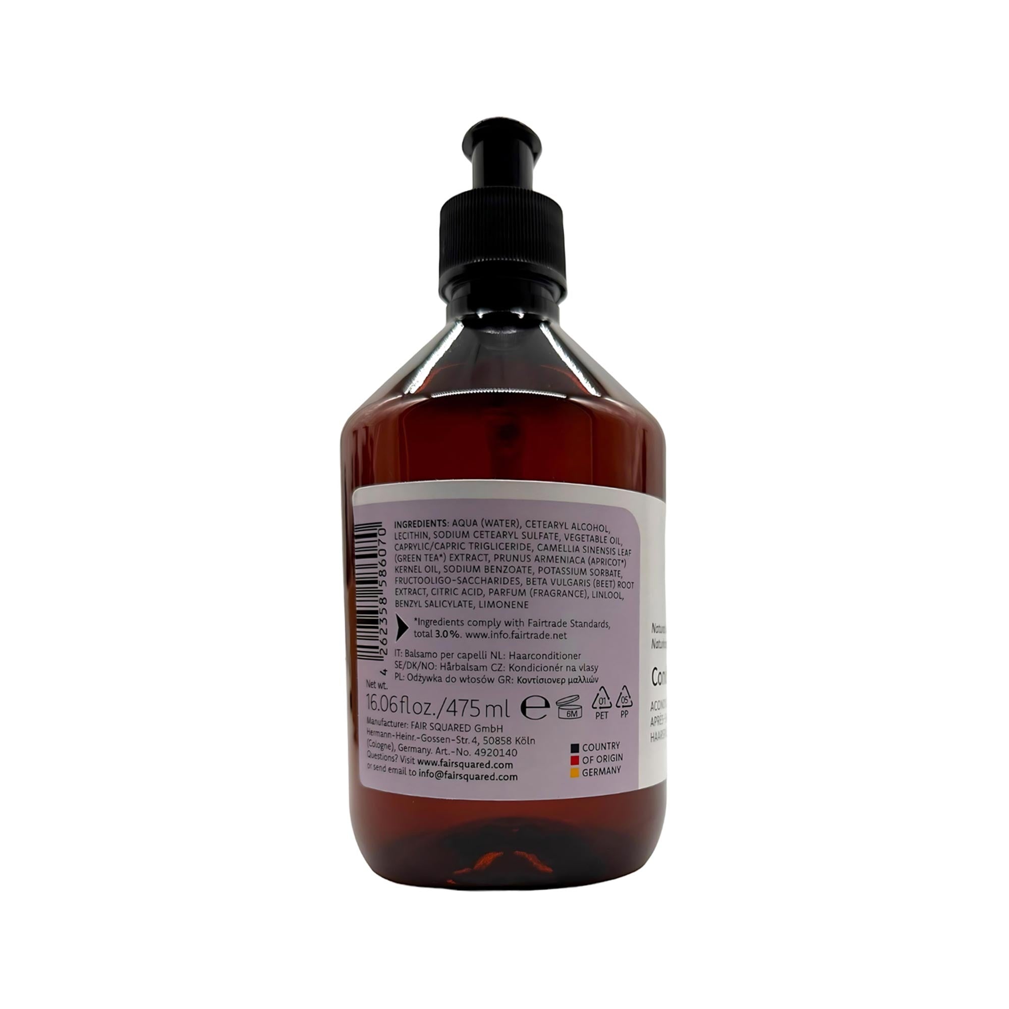 Eine braune Kunststoff-Pumpflasche mit einem weißen Etikett, auf dem die Inhaltsstoffe und Produktdetails in schwarzer und violetter Schrift aufgeführt sind. Das Etikett enthält einen Strichcode und Produktinformationen in Englisch und Spanisch.