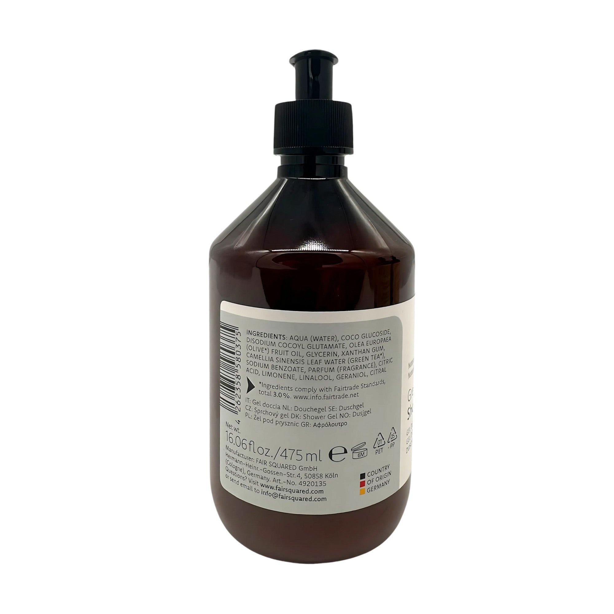 Eine braune Kunststoff-Pumpflasche mit einem weißen Etikett, auf dem Inhaltsstoffe und Produktinformationen aufgeführt sind. Die Flasche enthält 475 ml (16,06 fl oz) Flüssigkeit und ist vor einem schlichten weißen Hintergrund abgebildet.