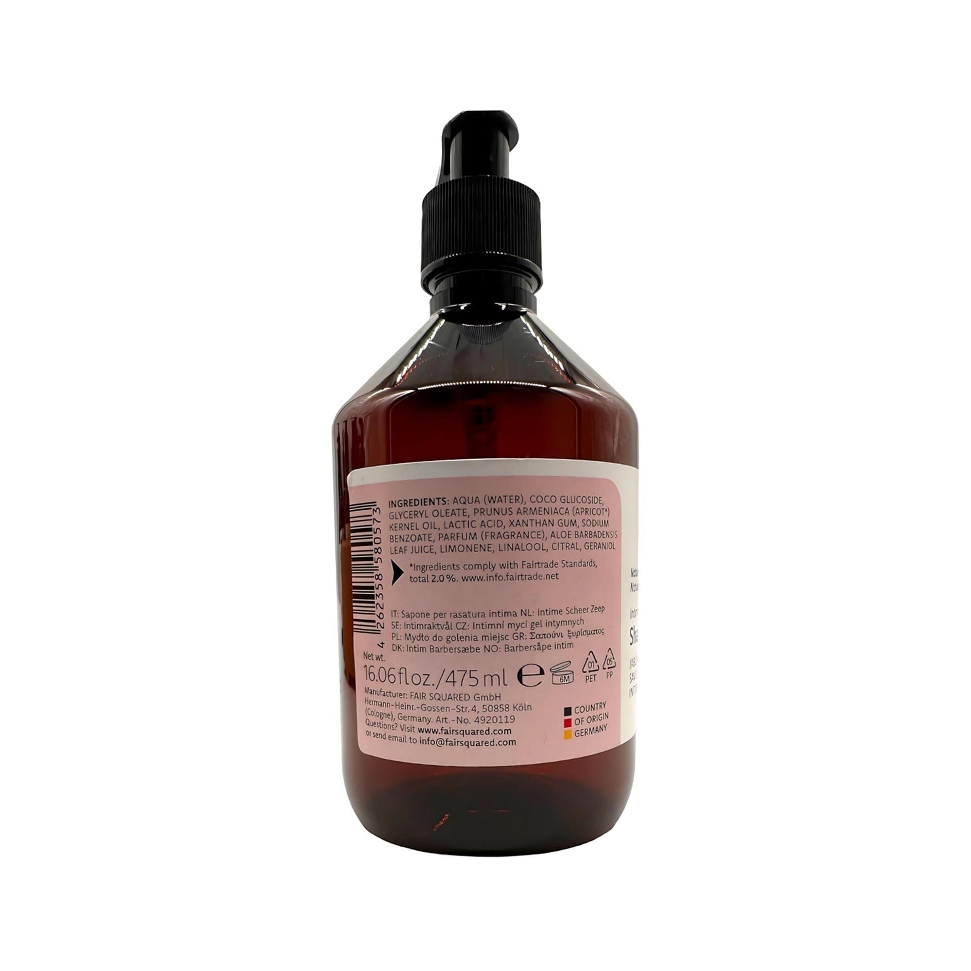 Eine braune Kunststoff-Pumpflasche mit einem Etikett, auf dem Inhaltsstoffe und Produktdetails aufgeführt sind. Das Etikett enthält Text in mehreren Sprachen sowie Symbole für Recycling, Vegan und Grausamkeitsfreiheit. Das Gesamtvolumen beträgt 475 ml.