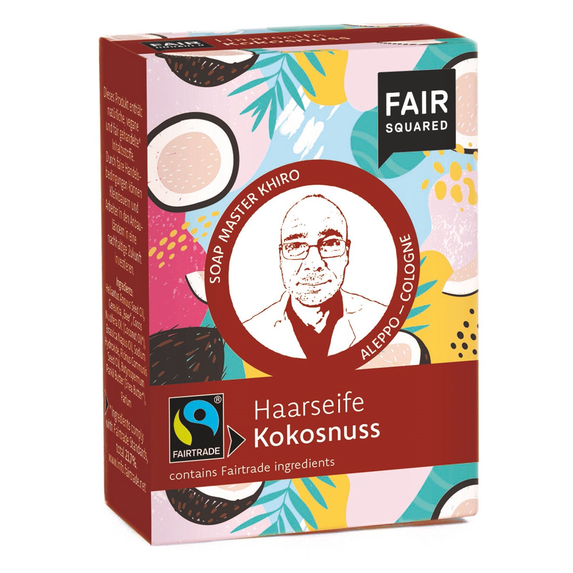 Eine farbenfrohe Schachtel Fair Squared Kokosnuss-Haarseife mit einer kreisförmigen Illustration eines Männergesichts, dem Fairtrade-Logo und Text in Deutsch und Englisch. Der Hintergrund ist mit Kokosnuss- und tropischen Mustern illustriert.